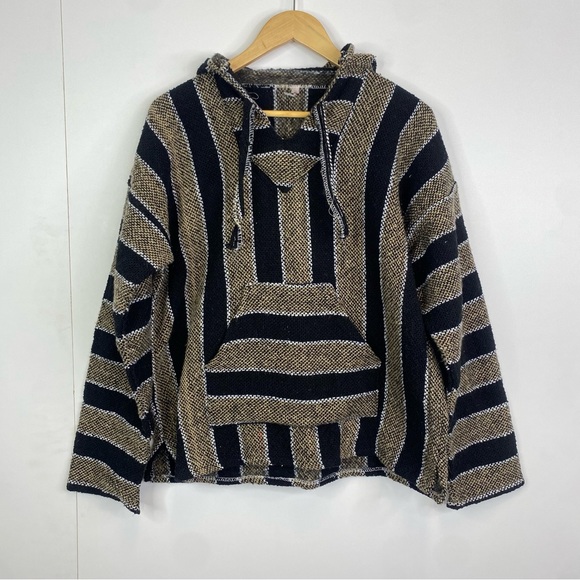 Vintage Large Pullover Poncho Drug Rug Woven Longsleeve Hooded - Picture 1 of 3